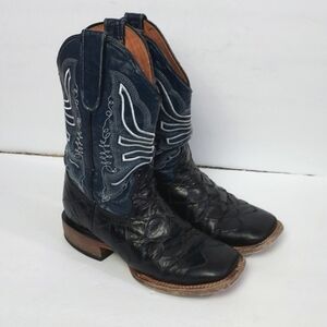 Tanner Mark Cowboy Boots Leather Monster Fish Square Toe Blue Black Size 5.5